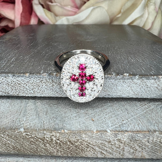 Oval Moissanite And Ruby Cross Engagement Ring 14K Solid Gold, Oval Pave Moissanite Cluster Fashion Ring For Women, Diamond Anniversary 7516