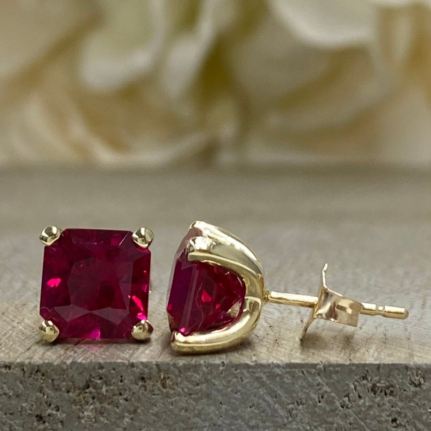 Radiant Cut Studs, 3.50CTW Blood Red Ruby Earring, Dainty Jewelry, 14k Yellow Gold, #6181