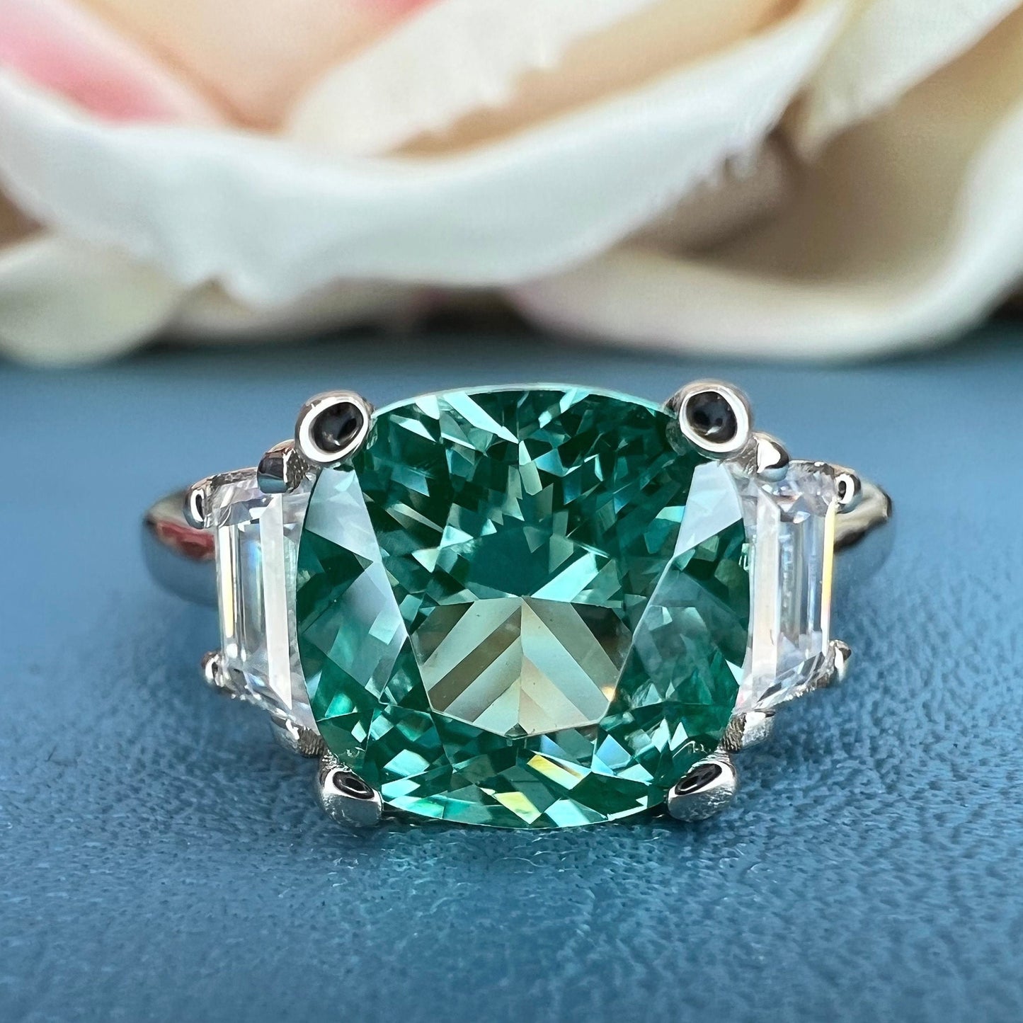 Paraiba Tourmaline Ring 14k White Gold, Cushion Cut Paraiba Tourmaline Ring, Green Paraiba Ring, Three Stone Paraiba Engagement Ring, #6761