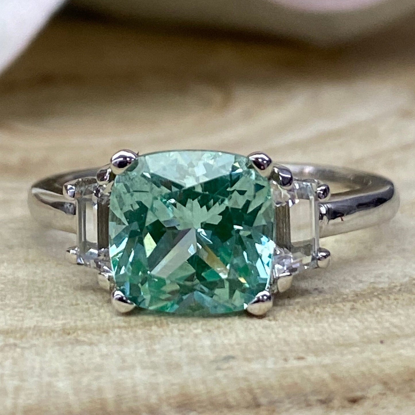 Paraiba Tourmaline Ring 14k White Gold, Cushion Cut Paraiba Tourmaline Ring, Green Paraiba Ring, Three Stone Paraiba Engagement Ring, #6761