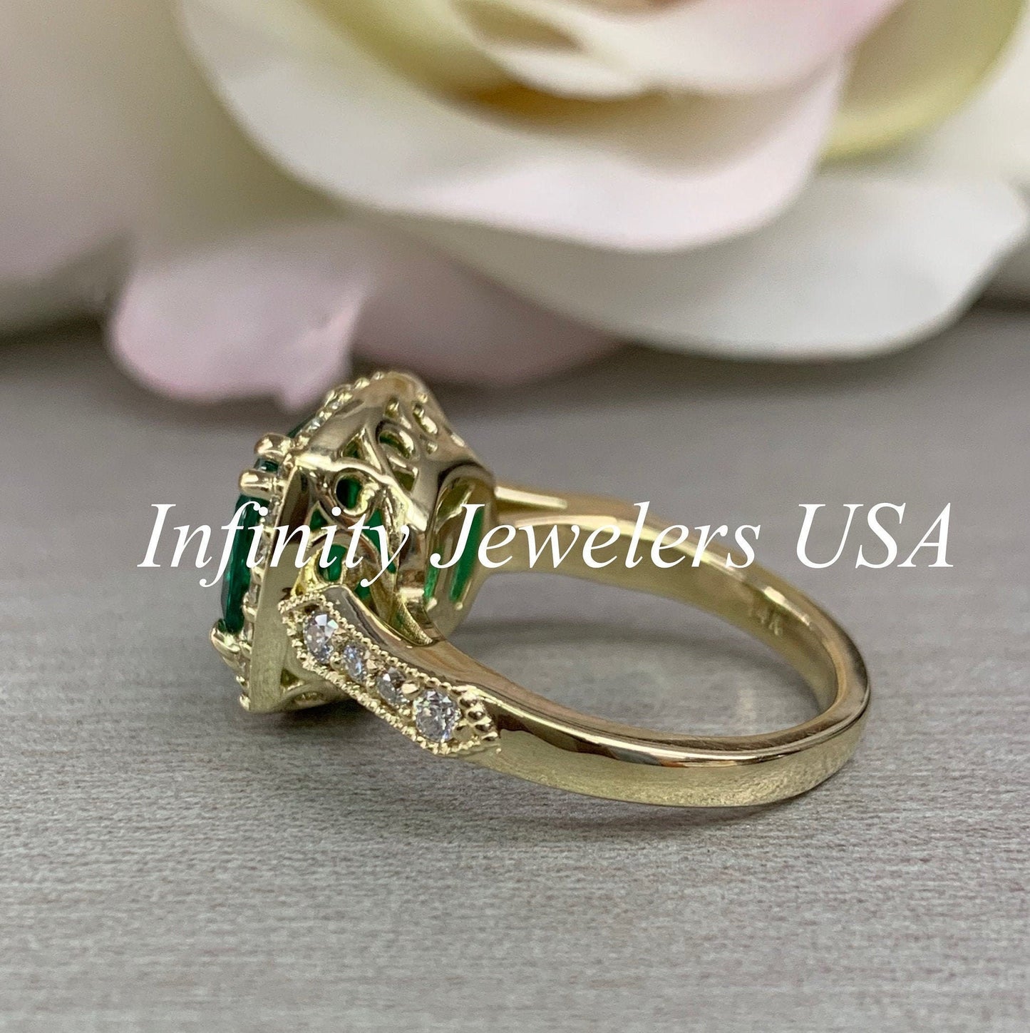 Cushion Cut Emerald And Diamond Engagement Ring. Emerald Ring With Round Moissanite Accents, 14K Yellow Gold Emerald And Diamond Ring  #6416