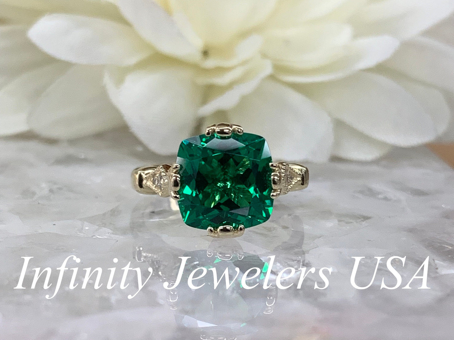 Cushion Cut Emerald And Diamond Engagement Ring, 14k Yellow Gold Cushion Cut Emerald Wedding Ring, Ladies Emerald And Diamond Ring     #5975