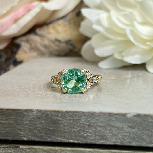 Green Paraiba Engagement Ring 14K White Gold Green Cushion Cut Celtic Engagement Ring Moissanite Celtic Gold Wedding Promise Ring #7301