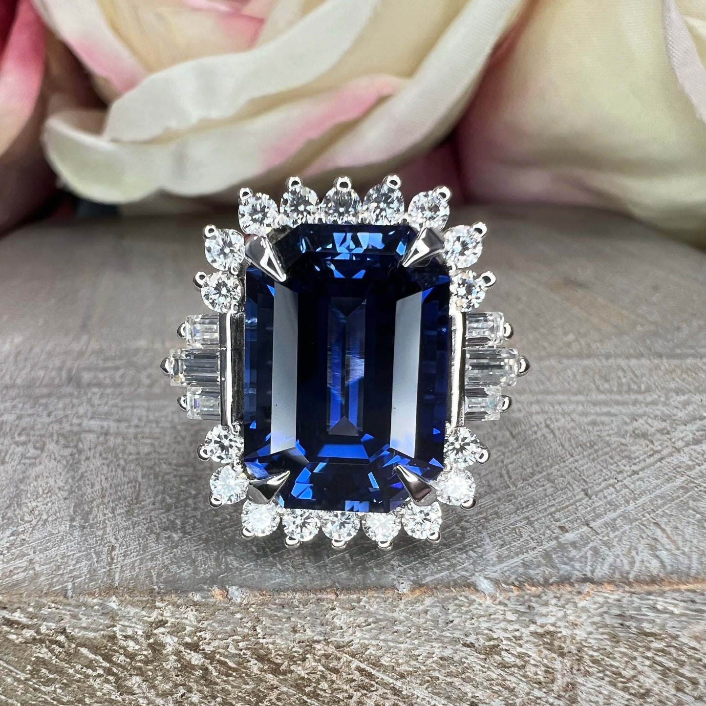 Emerald cut blue sapphire with moissanite halo engagement ring 14K white gold, Unique vintage blue sapphire wedding anniversary rings, #7554