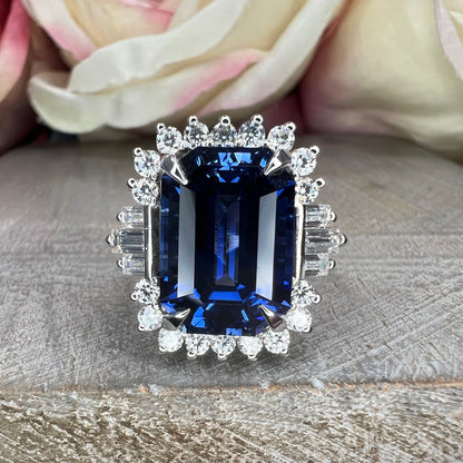 Emerald cut blue sapphire with moissanite halo engagement ring 14K white gold, Unique vintage blue sapphire wedding anniversary rings, #7554