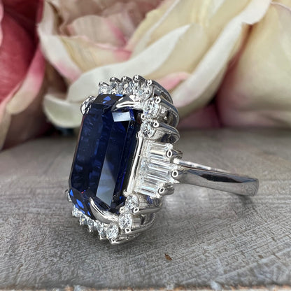 Emerald cut blue sapphire with moissanite halo engagement ring 14K white gold, Unique vintage blue sapphire wedding anniversary rings, #7554