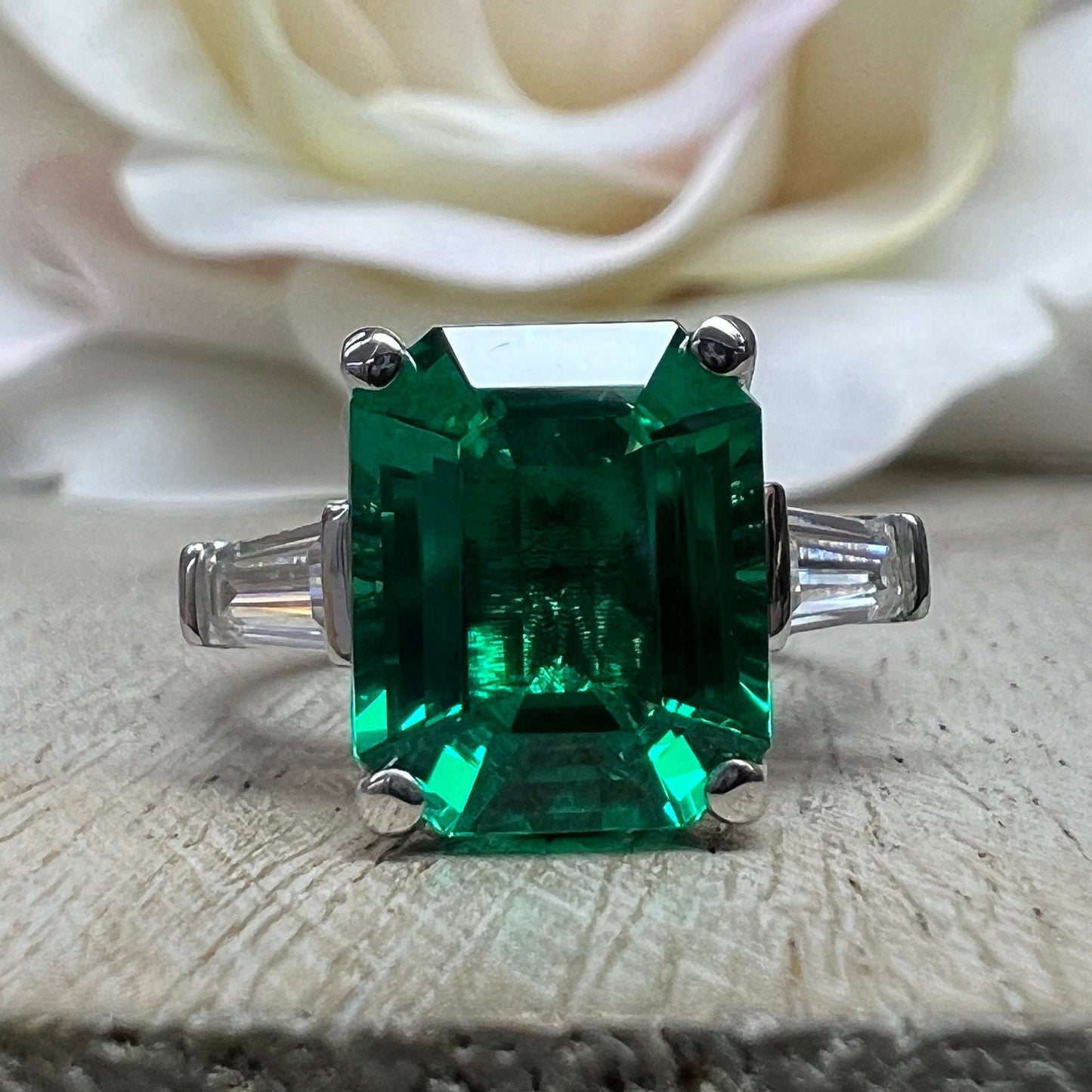 Emerald Cut Emerald Engagement Ring With Baguettes In 14K White Gold, Emerald and Moissanite Engagement Ring #6725
