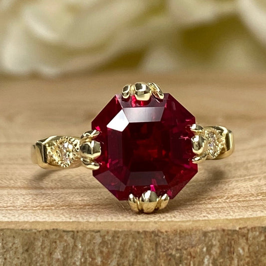 Asscher Cut Ruby Engagement Ring, Ruby Asscher Cut Vintage Ladies Wedding Ring, 14k Yellow Gold Unique Ruby And Diamond Statement Ring