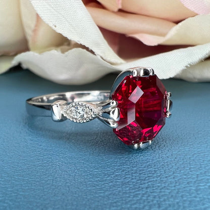 Asscher Cut Ruby Engagement Ring, Ruby Asscher Cut Vintage Ladies Wedding Ring, 14k Yellow Gold Unique Ruby And Diamond Statement Ring
