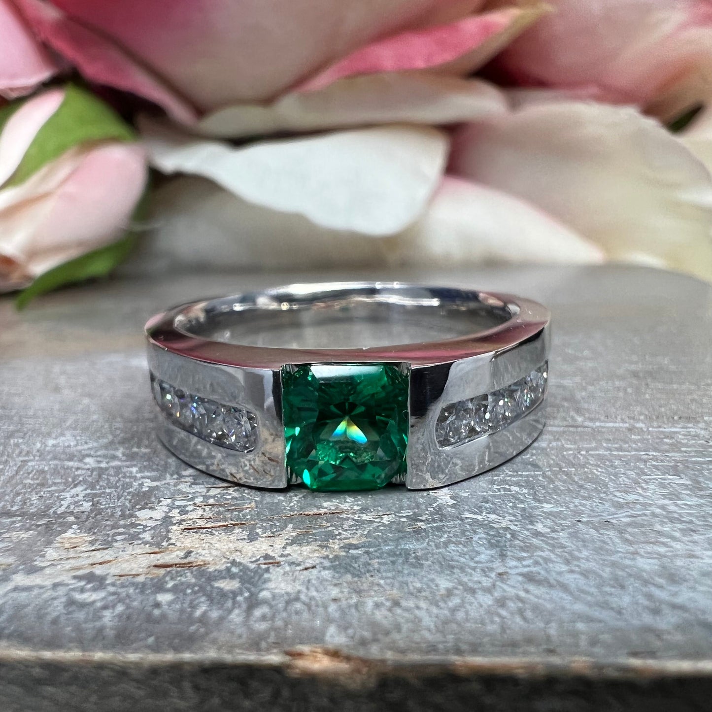 Mens Emerald and Moissanite Wedding Band White Gold, Classic Mans Wedding Band Comfort Fit, Mens Diamond Wedding Band Gold Promise Ring 7512