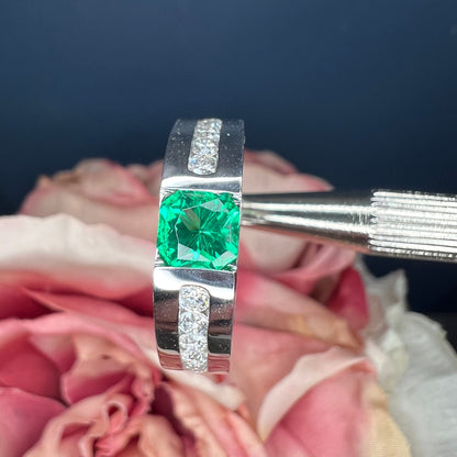 Mens Emerald and Moissanite Wedding Band White Gold, Classic Mans Wedding Band Comfort Fit, Mens Diamond Wedding Band Gold Promise Ring 7512