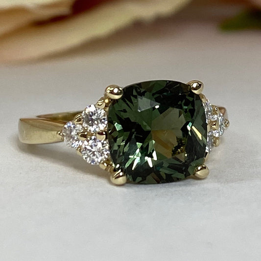 Green Sapphire Cushion Cut And Diamond Engagement Ring, 14k Gold Unique Green Sapphire And Moissanite Accents  Ladies Wedding Ring     #7167