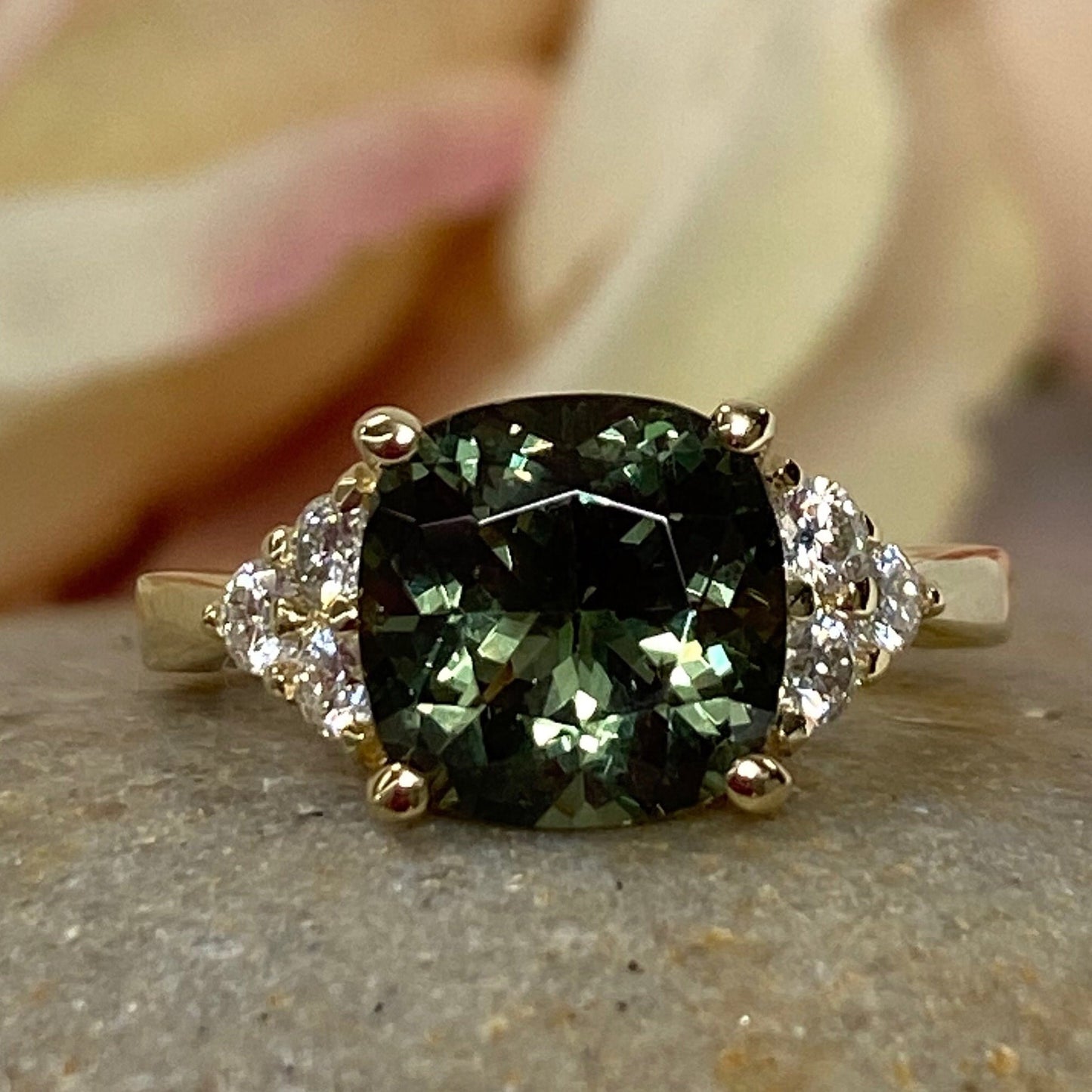 Green Sapphire Cushion Cut And Diamond Engagement Ring, 14k Gold Unique Green Sapphire And Moissanite Accents  Ladies Wedding Ring     #7167