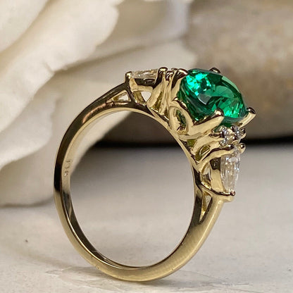 Oval Cut Emerald Engagement Ring, 14k Gold Oval Cut Emerald And Pear Moissanite Wedding Ring, Pear And Round Cluster Moissanite Ring  #7142