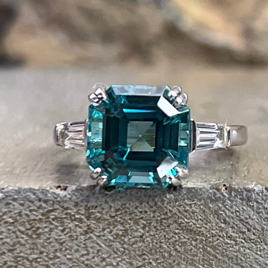 Paraiba Tourmaline Ring, Asscher Cut Paraiba Tourmaline Wedding Ring, 14K Gold, Three Stone Ring, Paraiba Tourmaline Engagement Ring, #6572