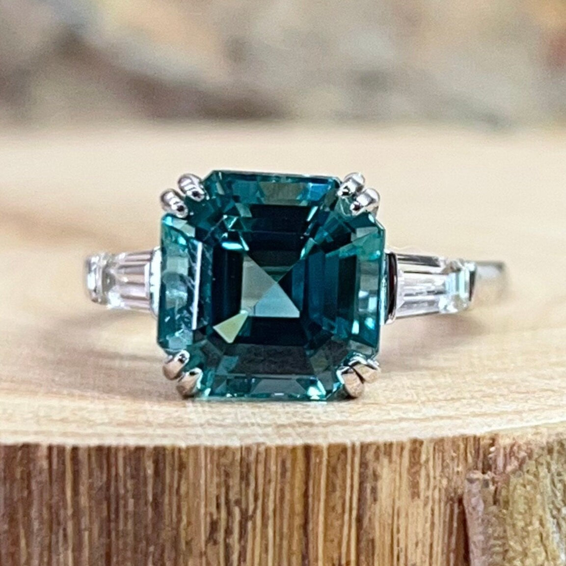 Paraiba Tourmaline Ring, Asscher Cut Paraiba Tourmaline Wedding Ring, 14K Gold, Three Stone Ring, Paraiba Tourmaline Engagement Ring, #6572