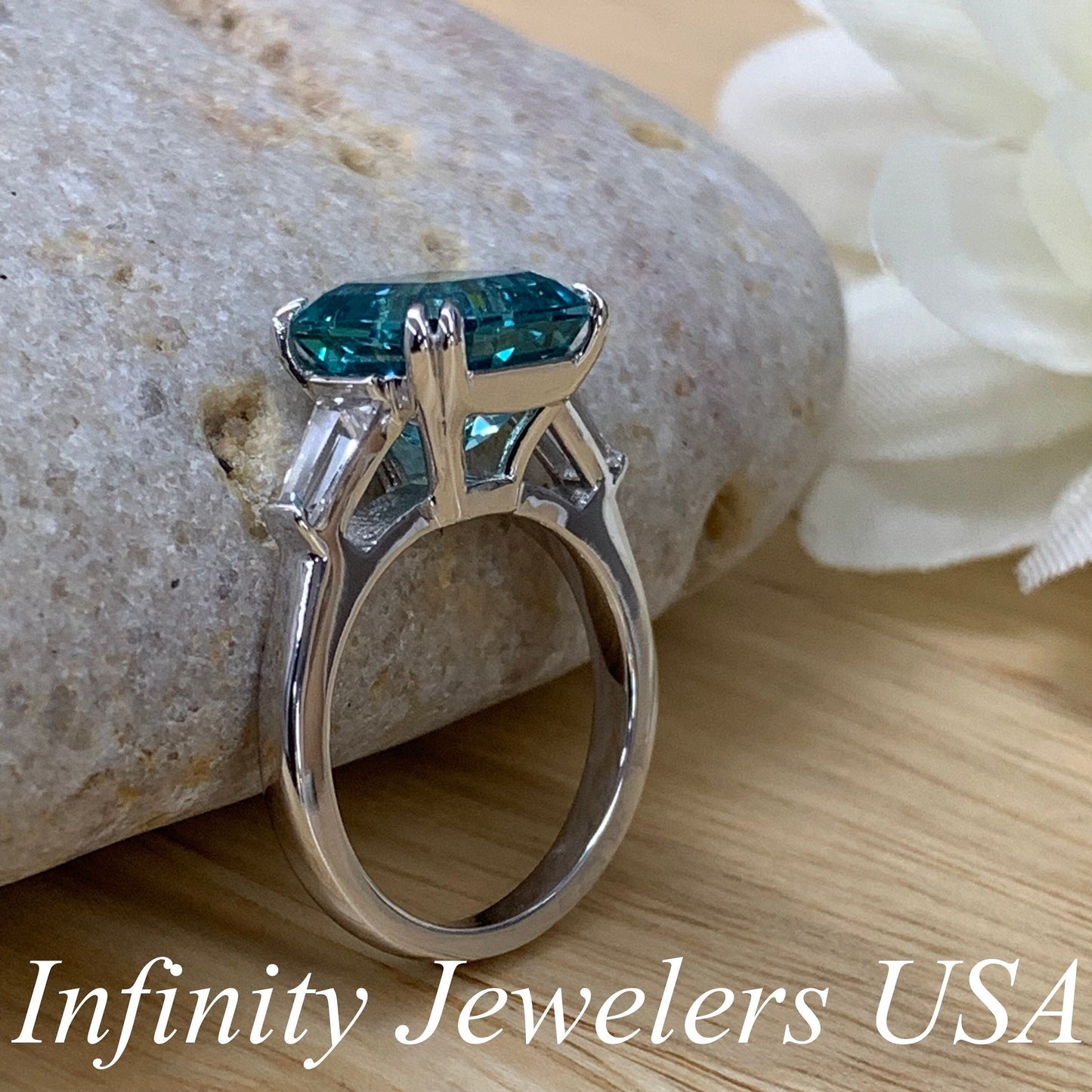 Paraiba Tourmaline Ring, Asscher Cut Paraiba Tourmaline Wedding Ring, 14K Gold, Three Stone Ring, Paraiba Tourmaline Engagement Ring, #6572