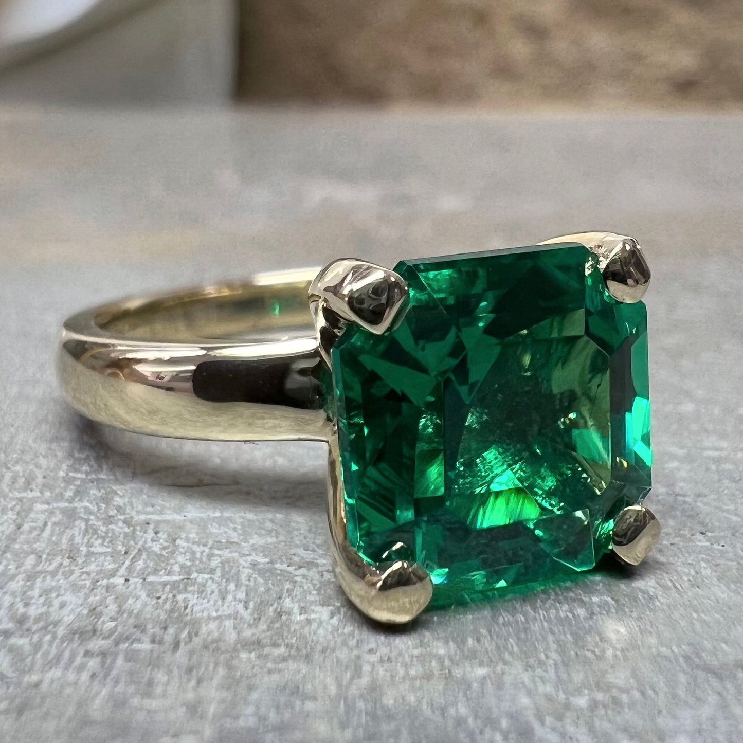 Asscher Cut Emerald Solitaire Engagement, 14k Yellow Gold Green Emerald Square Shape Statement Ring For Ladies, May Birthstone Ring