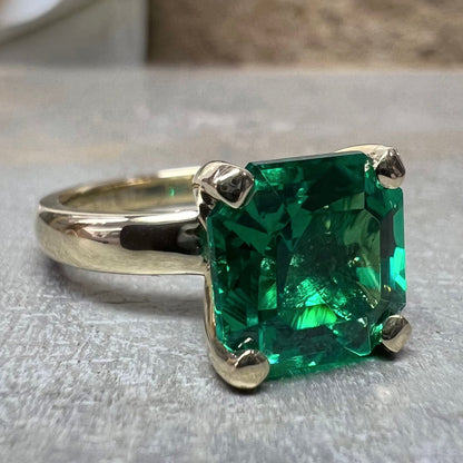 Asscher Cut Emerald Solitaire Engagement, 14k Yellow Gold Green Emerald Square Shape Statement Ring For Ladies, May Birthstone Ring