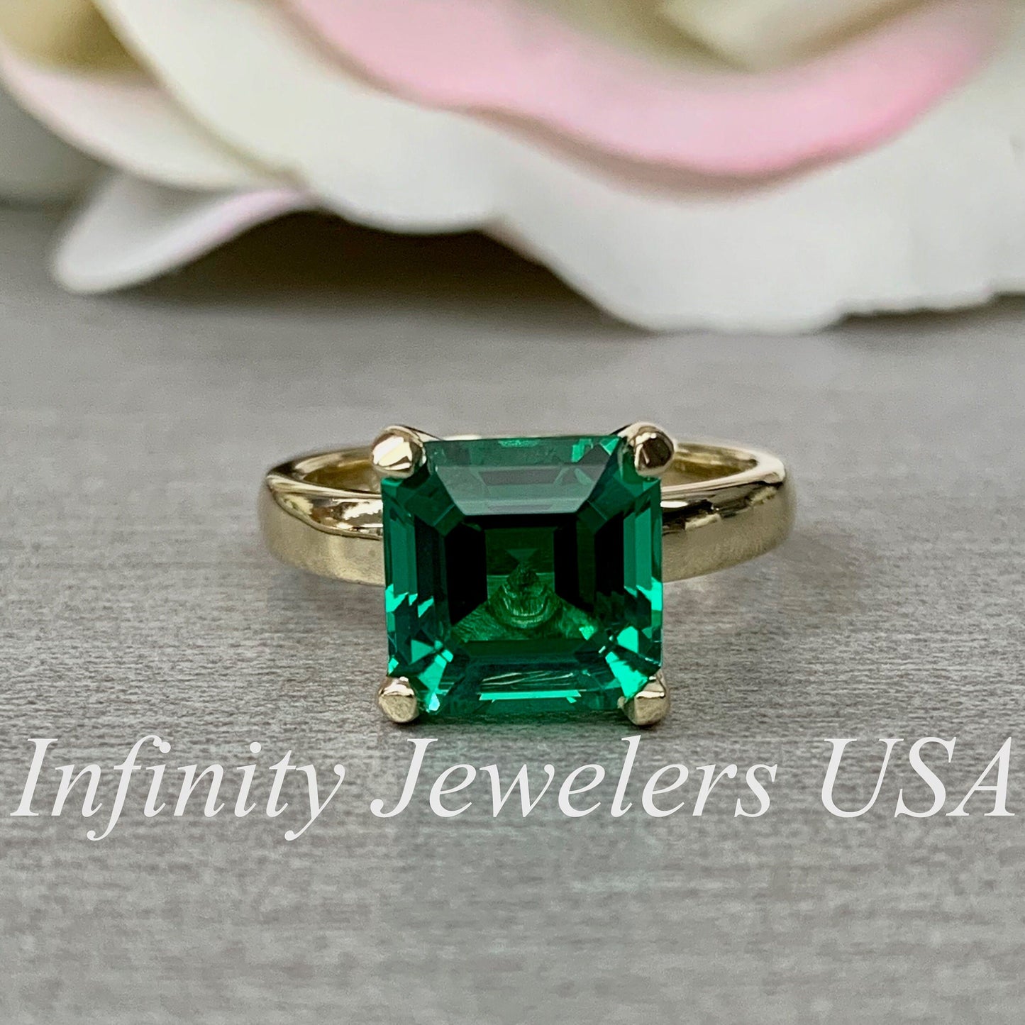 Asscher Cut Emerald Solitaire Engagement, 14k Yellow Gold Green Emerald Square Shape Statement Ring For Ladies, May Birthstone Ring