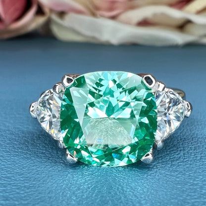 Green Paraiba Cushion Shaped Moissanite Trillions 14k Solid White Gold Three Stone Paraiba Wedding Ring Unique Vintage Promise Ring  #6829