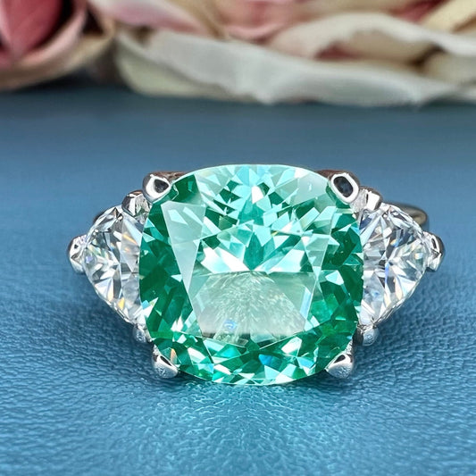 Green Paraiba Cushion Shaped Moissanite Trillions 14k Solid White Gold Three Stone Paraiba Wedding Ring Unique Vintage Promise Ring  #6829