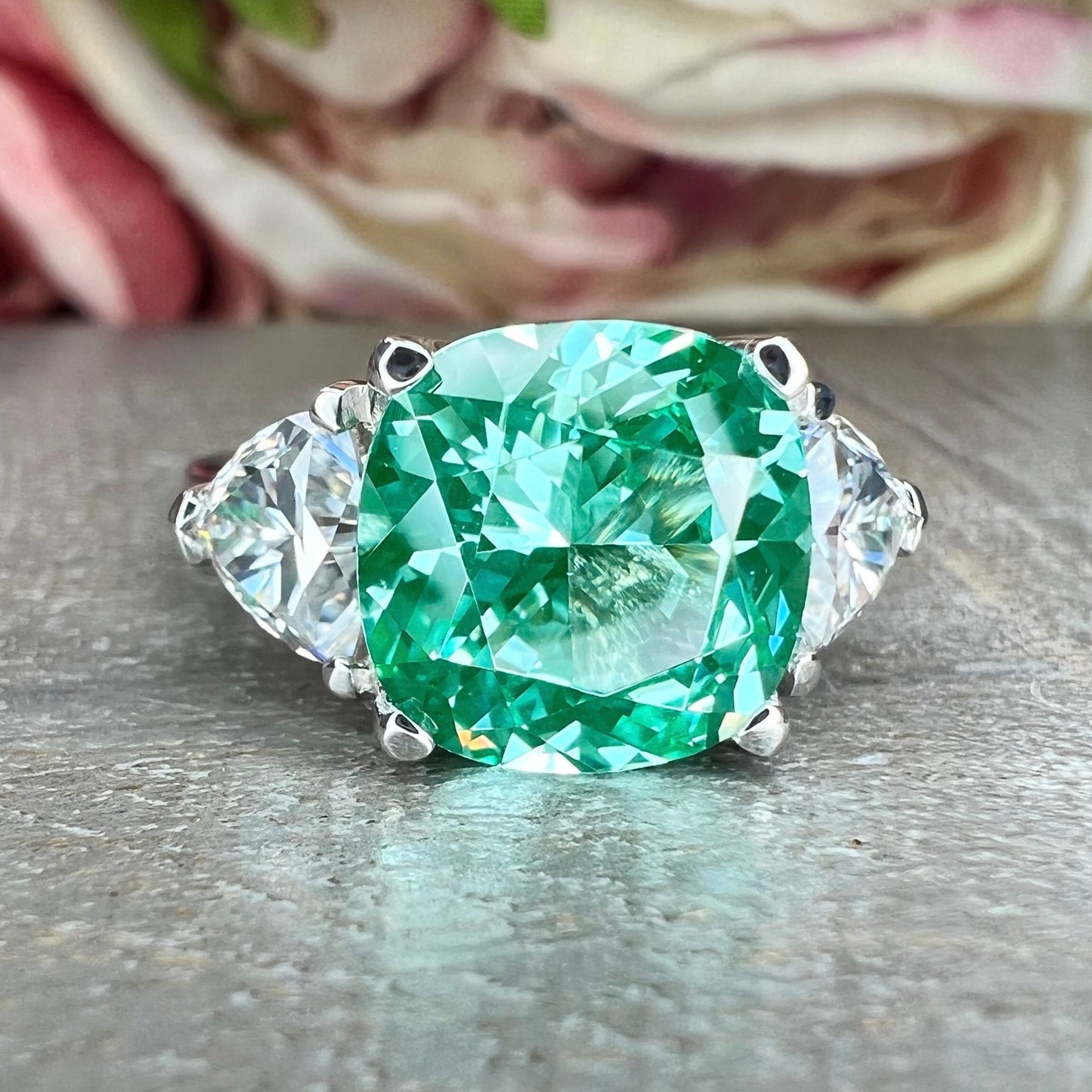 Green Paraiba Cushion Shaped Moissanite Trillions 14k Solid White Gold Three Stone Paraiba Wedding Ring Unique Vintage Promise Ring  #6829