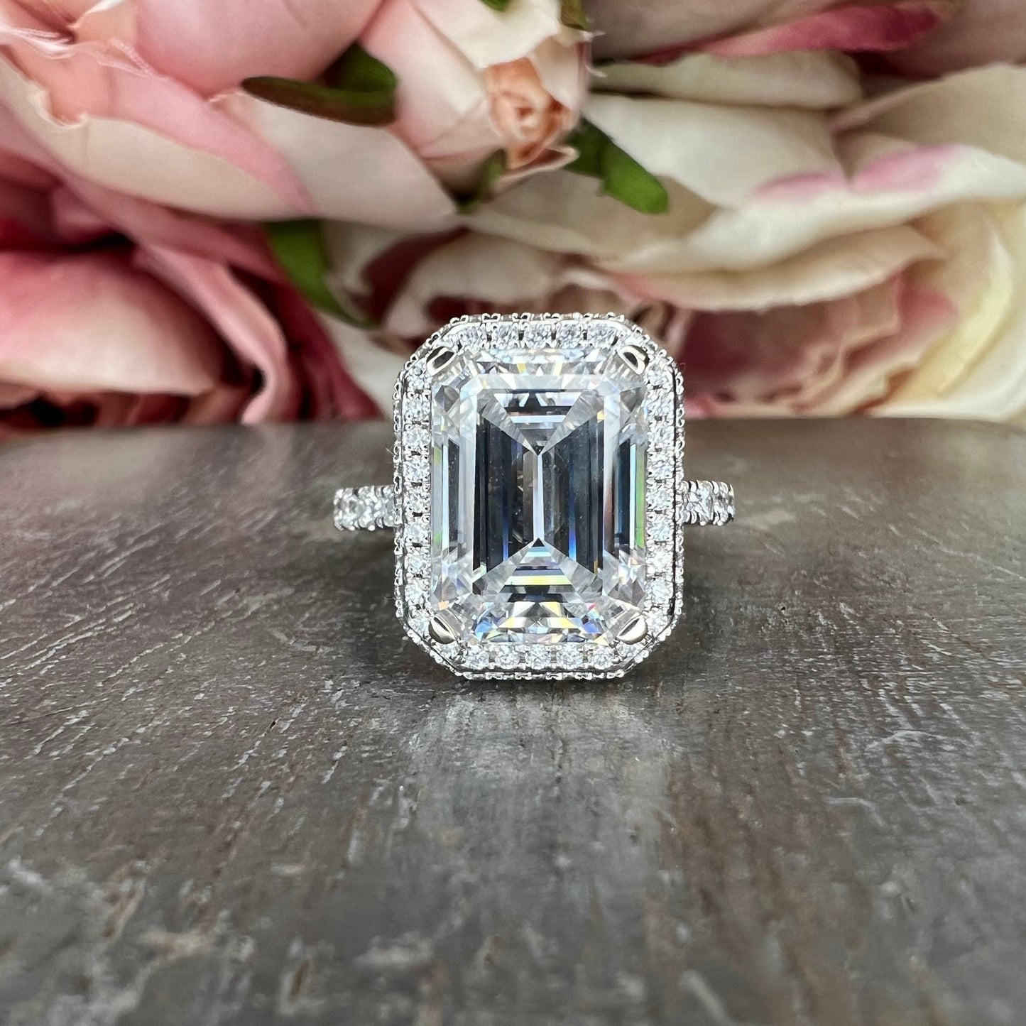 Emerald cut Moissanite engagement ring set 14k white gold Unique Art deco Cluster engagement ring vintage Bridal Anniversary ring  #7499