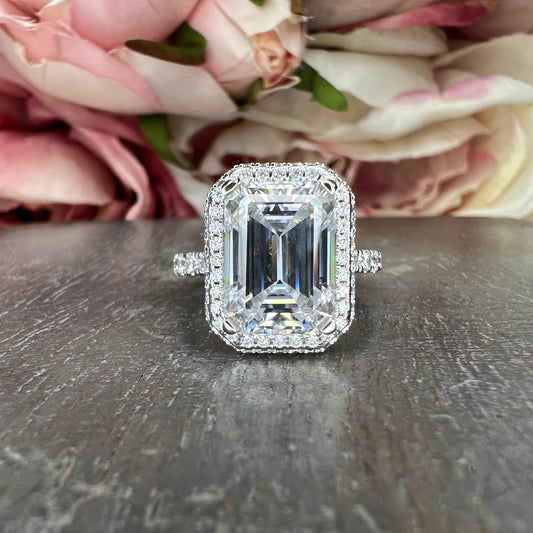 Emerald cut Moissanite engagement ring set 14k white gold Unique Art deco Cluster engagement ring vintage Bridal Anniversary ring  #7499
