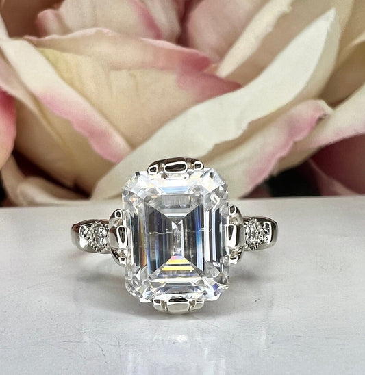 Emerald cut Moissanite engagement ring set 14k white gold Unique Art deco Cluster engagement ring vintage Bridal Anniversary ring set  #7490
