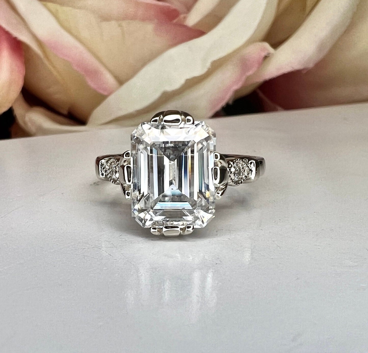 Emerald cut Moissanite engagement ring set 14k white gold Unique Art deco Cluster engagement ring vintage Bridal Anniversary ring set  #7490