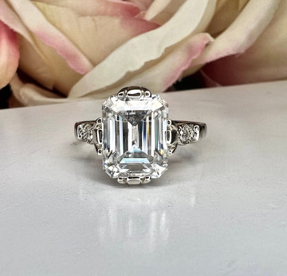Emerald cut Moissanite engagement ring set 14k white gold Unique Art deco Cluster engagement ring vintage Bridal Anniversary ring set  #7490