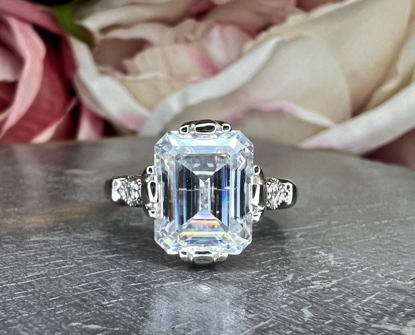 Emerald cut Moissanite engagement ring set 14k white gold Unique Art deco Cluster engagement ring vintage Bridal Anniversary ring set  #7490
