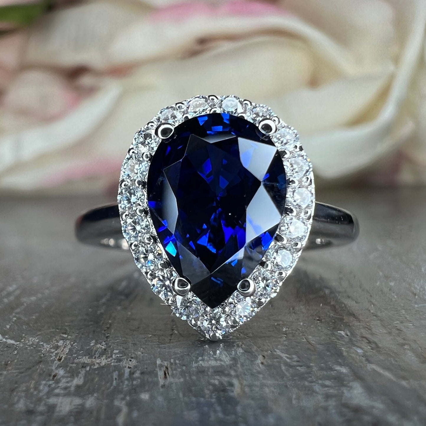 Blue sapphire ring 14k white gold, Blue Sapphire Engagement Ring, Vintage blue sapphire halo ring, Blue Sapphire teardrop Wedding Ring