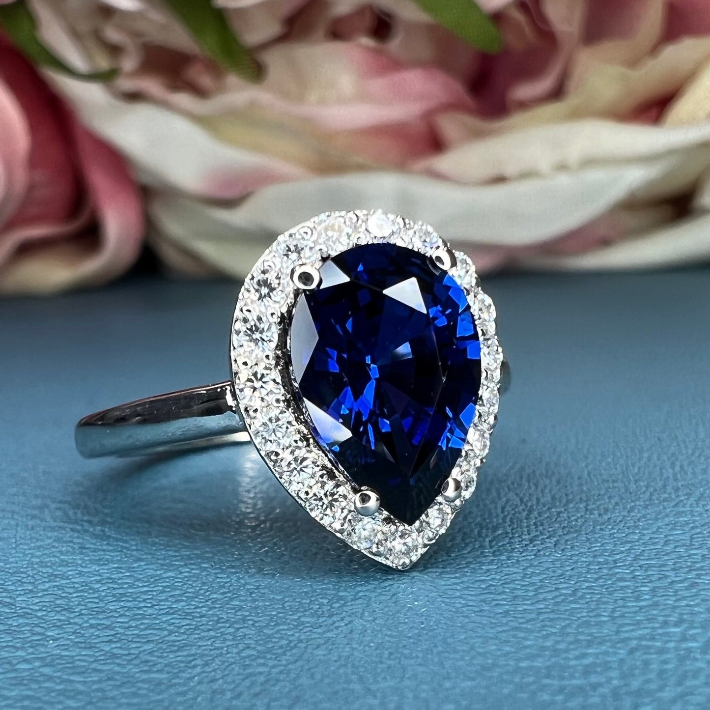 Blue sapphire ring 14k white gold, Blue Sapphire Engagement Ring, Vintage blue sapphire halo ring, Blue Sapphire teardrop Wedding Ring