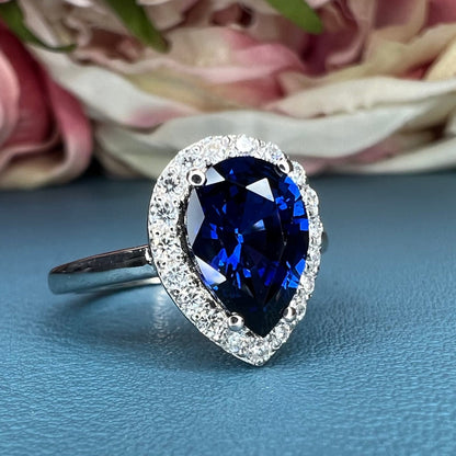 Blue sapphire ring 14k white gold, Blue Sapphire Engagement Ring, Vintage blue sapphire halo ring, Blue Sapphire teardrop Wedding Ring