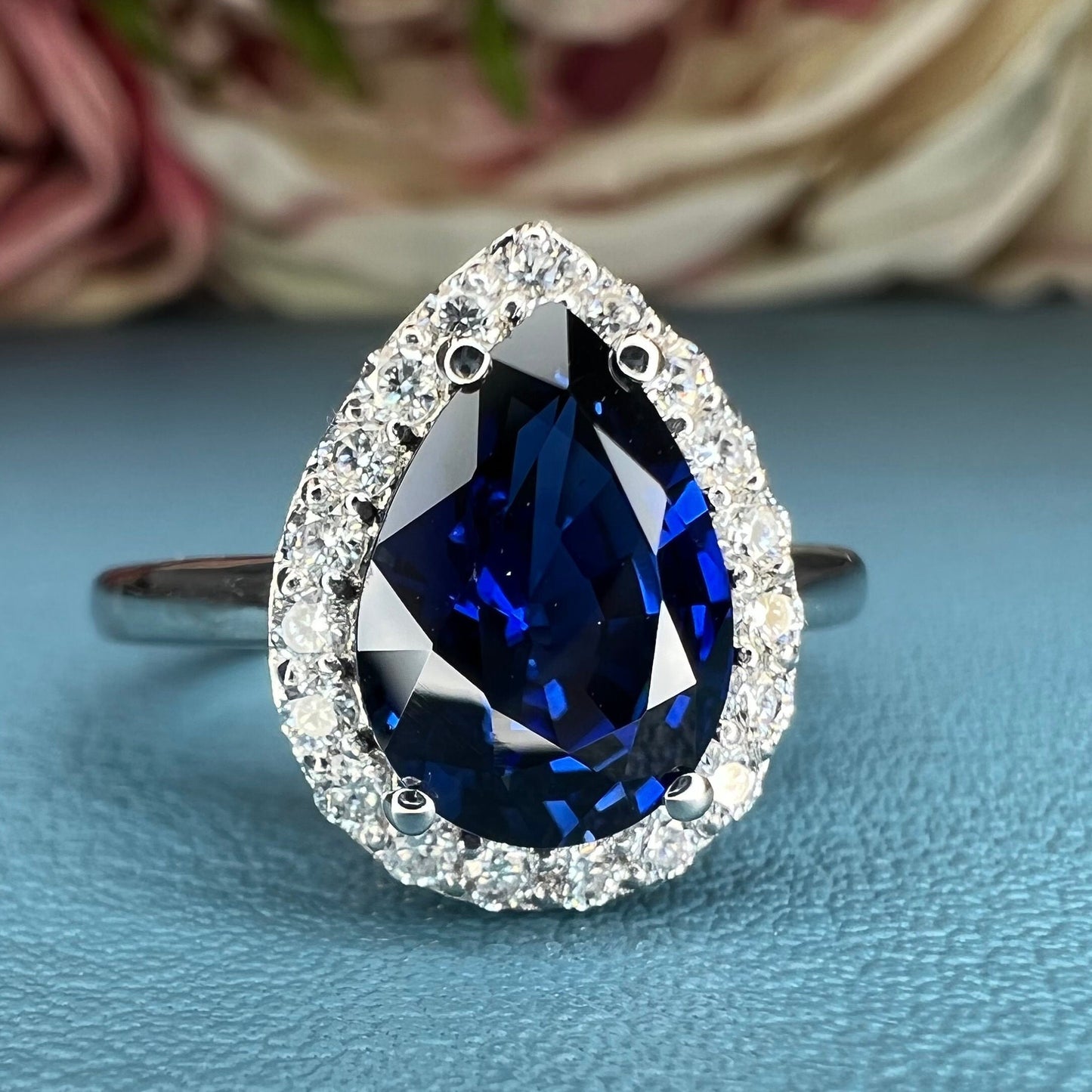 Blue sapphire ring 14k white gold, Blue Sapphire Engagement Ring, Vintage blue sapphire halo ring, Blue Sapphire teardrop Wedding Ring