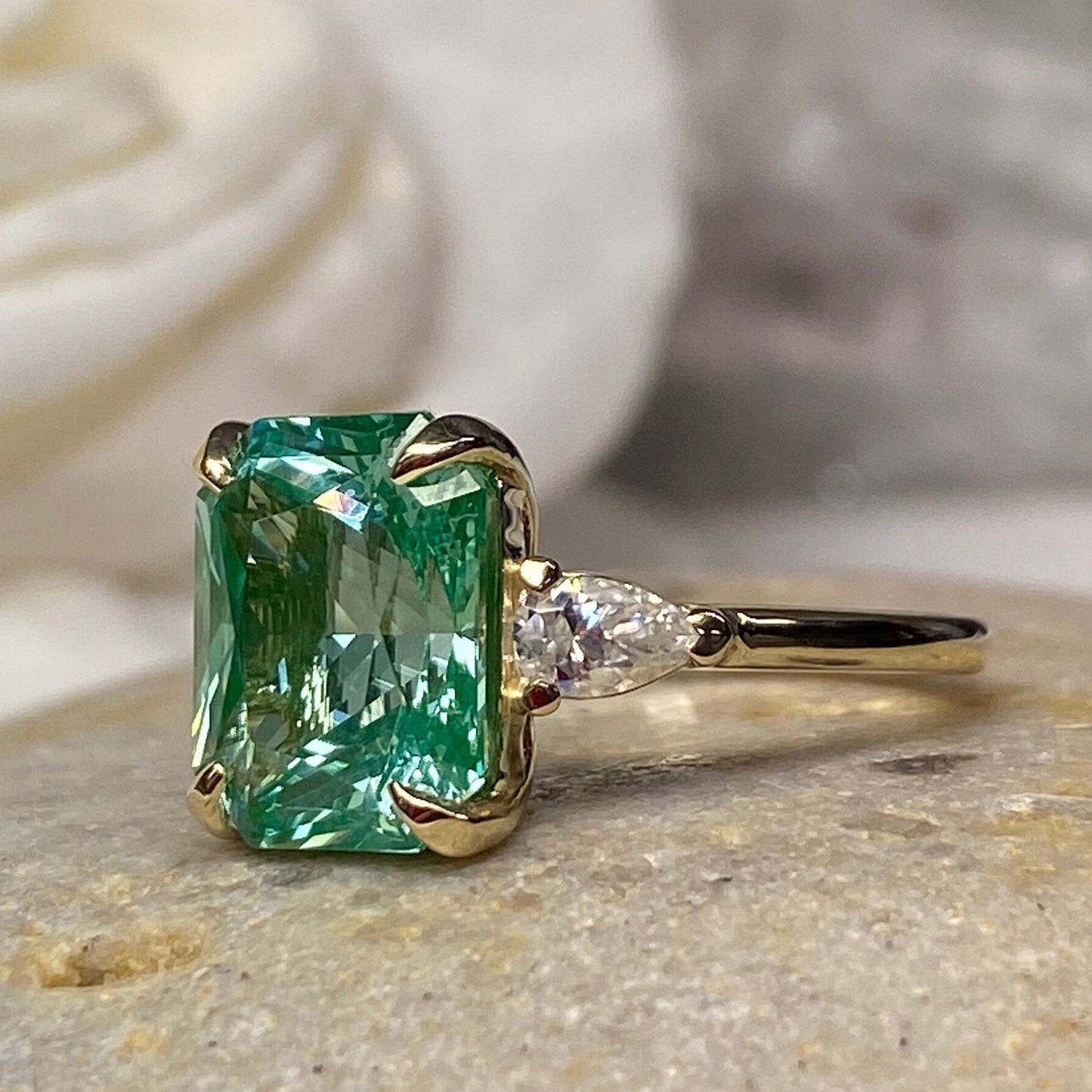 Radiant Cut Paraiba And Pear Moissanite Engagement Ring, 14k Gold Three Stone Wedding Ring, 3 Stone Tourmaline And Moissanite Ring    #7156