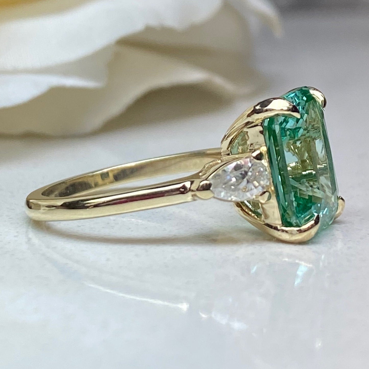 Radiant Cut Paraiba And Pear Moissanite Engagement Ring, 14k Gold Three Stone Wedding Ring, 3 Stone Tourmaline And Moissanite Ring    #7156