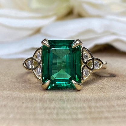 Emerald Cut Emerald And Moissanite Engagement Ring 14K Yellow Gold Celtic Engagement Ring Women Unique Emerald Anniversary Promise Ring 7285