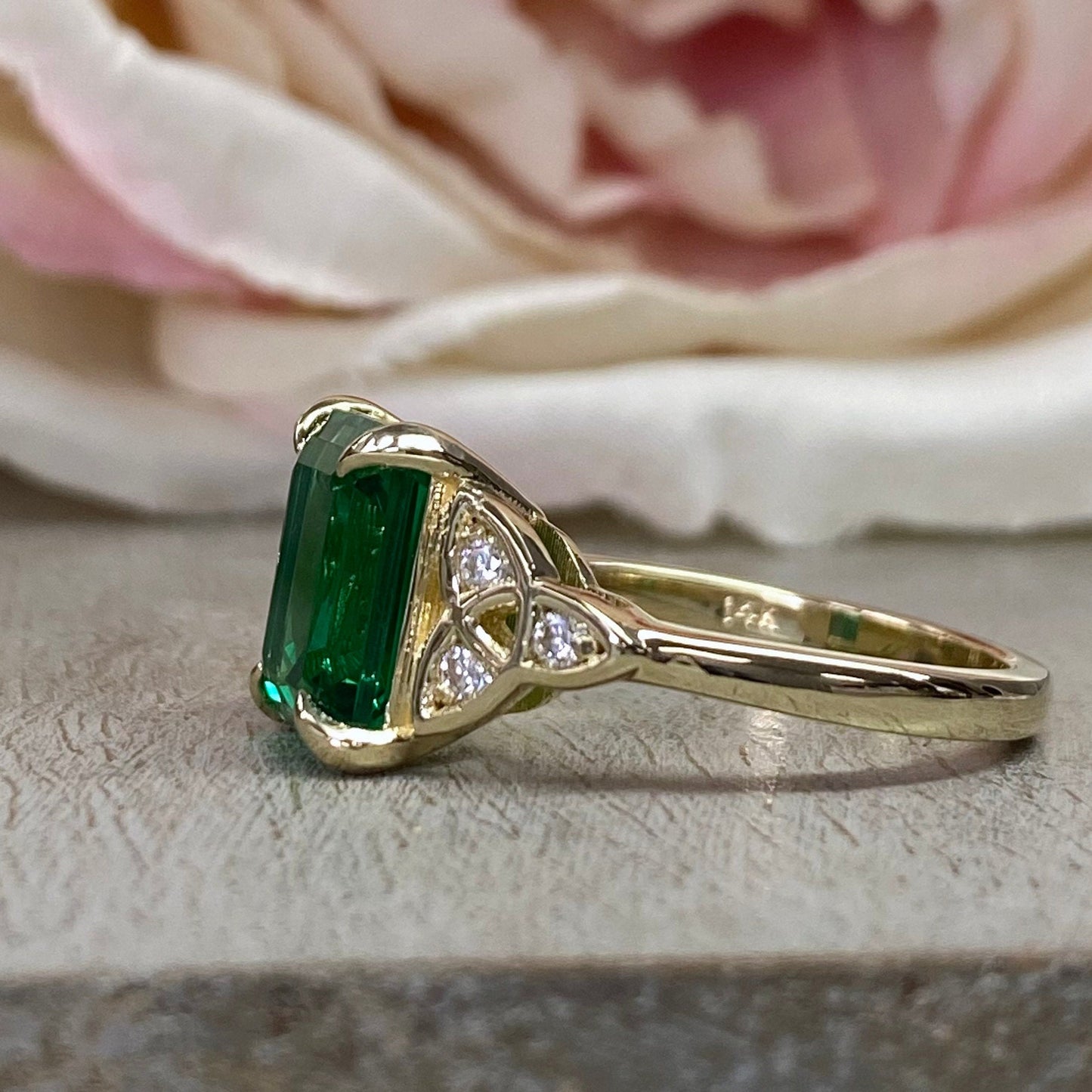 Emerald Cut Emerald And Moissanite Engagement Ring 14K Yellow Gold Celtic Engagement Ring Women Unique Emerald Anniversary Promise Ring 7285