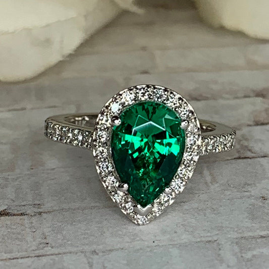 Emerald Pear Shape Engagement Ring, Diamond Halo Ring, Unique Engagement Ring, Emerald and Moissanite Engagement Ring, 14k Gold Ring  #5276