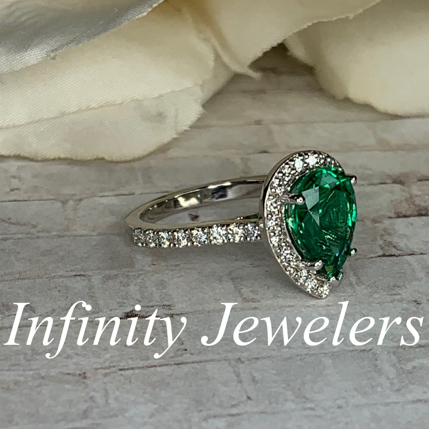 Emerald Pear Shape Engagement Ring, Diamond Halo Ring, Unique Engagement Ring, Emerald and Moissanite Engagement Ring, 14k Gold Ring  #5276