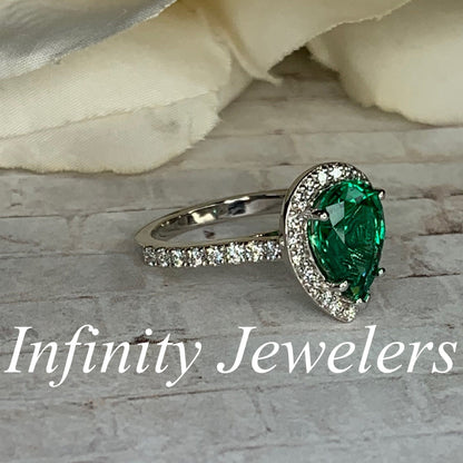 Emerald Pear Shape Engagement Ring, Diamond Halo Ring, Unique Engagement Ring, Emerald and Moissanite Engagement Ring, 14k Gold Ring  #5276