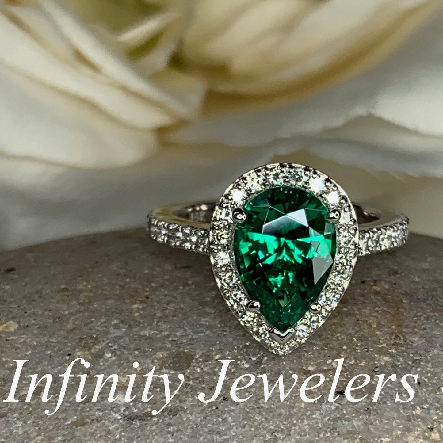 Emerald Pear Shape Engagement Ring, Diamond Halo Ring, Unique Engagement Ring, Emerald and Moissanite Engagement Ring, 14k Gold Ring  #5276
