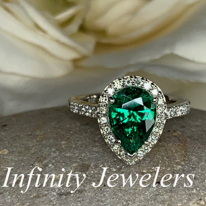 Emerald Pear Shape Engagement Ring, Diamond Halo Ring, Unique Engagement Ring, Emerald and Moissanite Engagement Ring, 14k Gold Ring  #5276