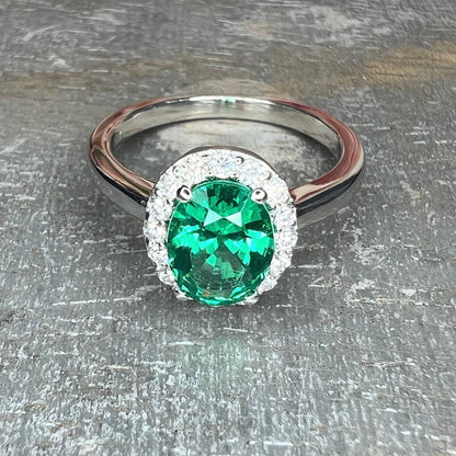 Green emerald ring 14k white/yellow gold, Oval cut green emerald engagement ring, Vintage green emerald and moissanite diamond rings,  #7594