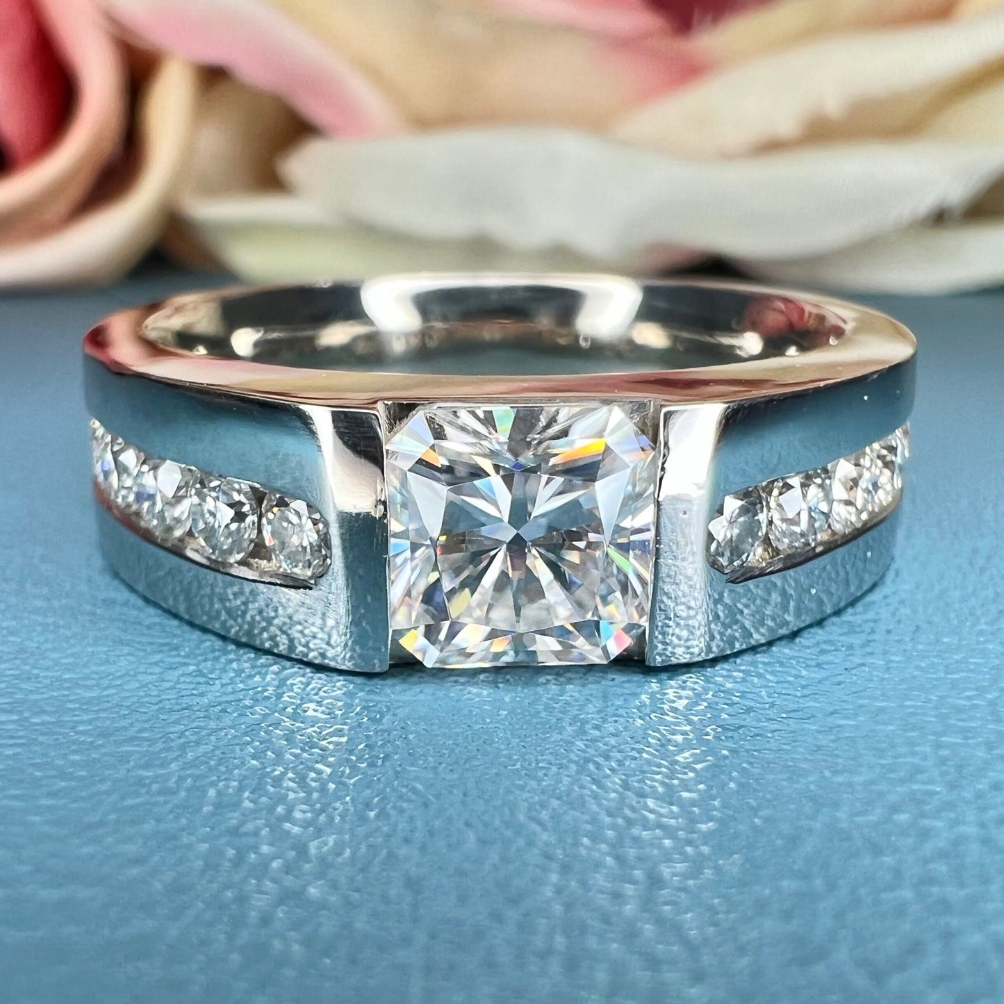 Mens Radiant Cut Moissanite Wedding Band White Gold, Classic Mans Wedding Band Comfort Fit, Mens Wedding Band White Gold Promise Ring, #7649