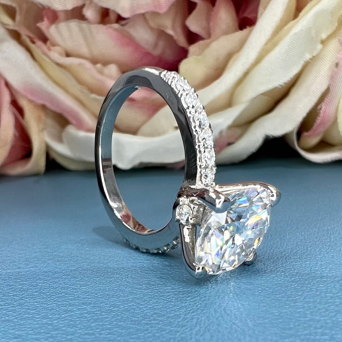 Moissanite Round Brilliant Solitaire Engagement Ring With Round Moissanite Accents In 14K White Gold, Infinity Jewelers USA #6903 #6904