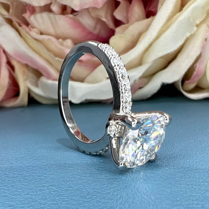 Moissanite Round Brilliant Solitaire Engagement Ring With Round Moissanite Accents In 14K White Gold, Infinity Jewelers USA #6903 #6904